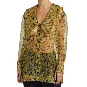 GANNI Sheer Yellow Floral Ruffle Blouse Sz 8 Long Sleeve Button Front Top